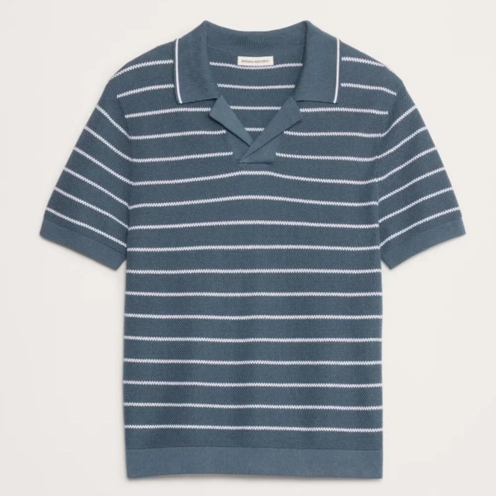Banana Republic Texture Stripe 100% Organic Cotton Johnny Collar Polo